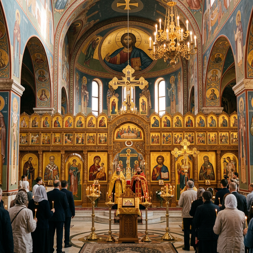 Orthodox Christian worship service with priests in golden robes and congregation holding candles
