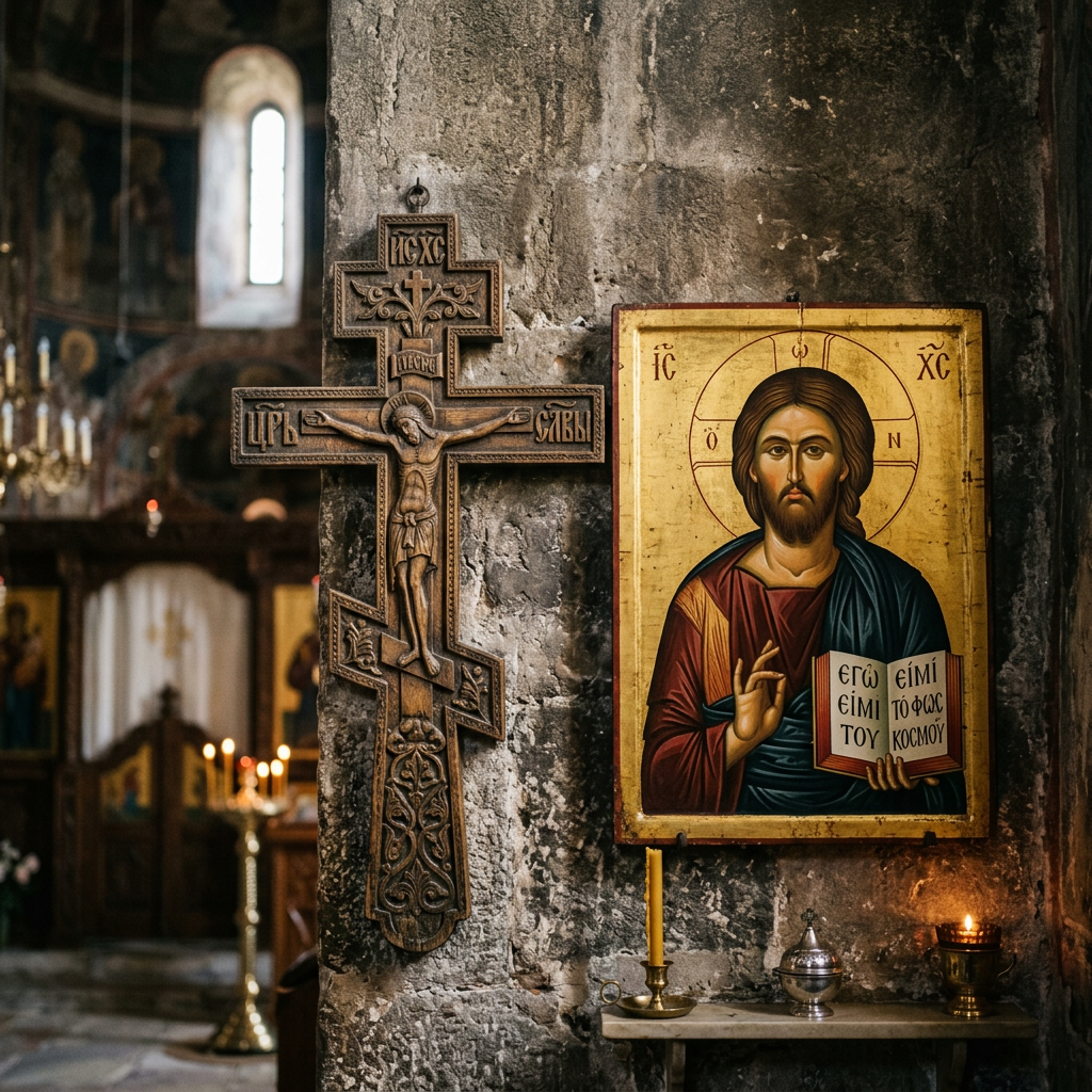 Orthodox cross and Jesus Christ