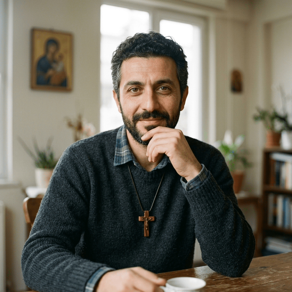 Smiling man with beard wearing wooden cross necklace and dark sweater