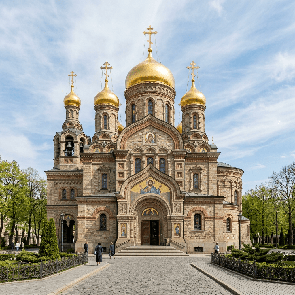 Orthodox cathedral with five golden domes, detailed brickwork, religious mosaics above entrance, and people walking in front